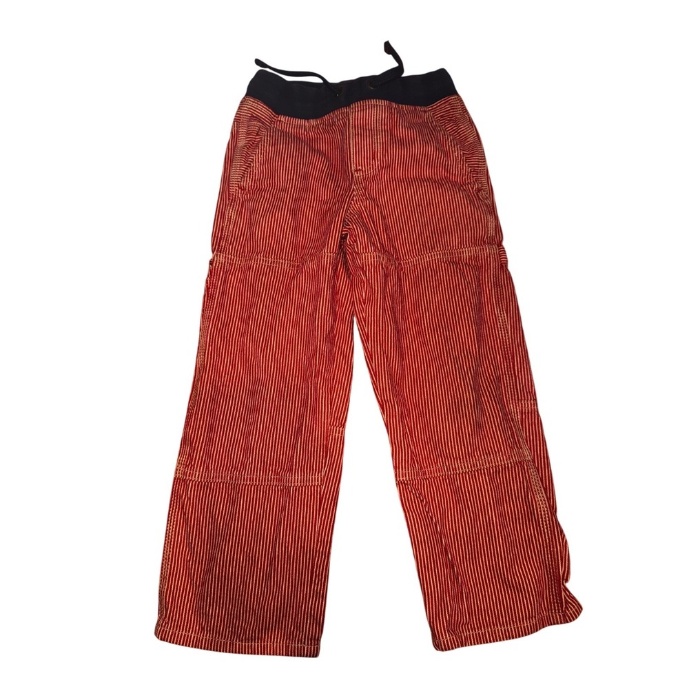 Mini Boden Boys Red White Hickory Stripe Carpenter Pants Sz 6Y Drawstring Waist